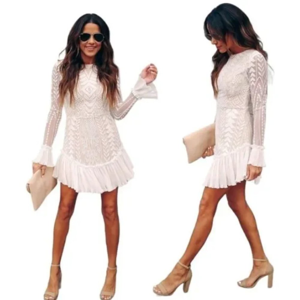 Angel Biba, Gorgeous, White Lace, Pleated Mini Dress, Long Sleeves